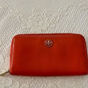 Tory Burch Orange Leather Zip Around Wallet